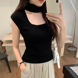 Sense Hanging Neck Shoulder Sleeveless Knitted Shirt Spring New Slim High Waist Short Vest Bottomed