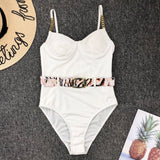 Solid White Buckle One Piece Swimsuit Women High Cut Metal Chain Strap Push Up Bra Monokini Bathing Suit Bodysuit