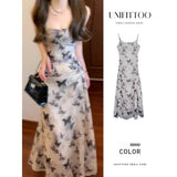 Fongt Chinese Ink Butterfly Print Sling Dress Summer Women's Holiday Style Body Bagg Hip Dress Chiffon