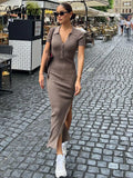 Solid Color Maxi Dress Summer Clothes For Women Elegent Middle collar Single-breasted Dresses Streetwear Party Travel-Outfit