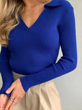 Collar Blue New In Knitwears Slim Spring New 2023 Pullovers Solid Bottom Shirt Causal V-neck Korean Fashion Long Sleeve