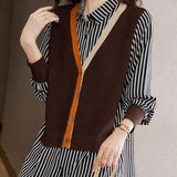 Loose Turn-down Collar Striped Blouse Women's Clothing Fake Two Pieces Spring Autumn Patchwork Single-breasted Shirt-Outfit