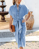 Fongt New Mid-Sleet Shirt Collar Folded Body Wash Denim Dress