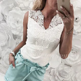 Casual Summer Women V-Neck Lace Hollow Vest T-Shirt Sleeveless Floral