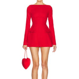 Solid Long Sleeve Bow Mini Dress-Outfit