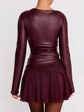 Faux Leather Long Sleeve Ruched Top-Outfit