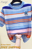 Summer O-Neck Striped Knitted Sweater Women 2023 Short Sleeve Beading Sweaters Pullovers Korean Jumper Tops Pull