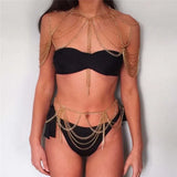 Silver Link Chains Two 2 Piece Set Women Hollow Out Cape Crop Top Long Tassels Mini Skirt Set Party Summer Beach