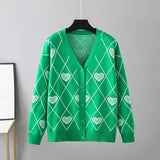 Women's Knitting Print Sweater Color Heart Single-Breasted Button Loose Casual Knitted Cardigan Sweaters Autumn V-neck