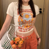 Indie Print Short Sleeve Crop Top-Outfit