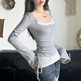 Solid Color Patchwork Stitching Side Long Sleeve Tee-Outfit