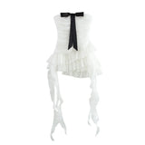 Fongt Spring Women's New Ougen Yarn Sue Bow Trim Corset Dress