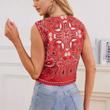 Fongt Women's Summer New Casual Wind Collar Tie With Printed Cotton Vest