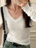 Ribbed V Neck Slim Long Sleeve Knit-Outfit