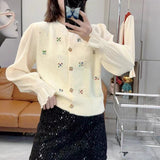 Early Spring New Heavy Industry Color Button Three-Dimensional Diamond Bead Knitted Cardigan Women's Color Spliced Sleeve Short Blouse-Outfit