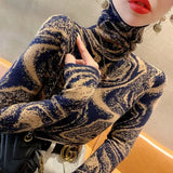 Women's Clothing Vintage Printed Pullovers Casual Turtleneck Autumn Winter Commute Long Sleeve All-match Slim Knitted T-shirt-Outfit