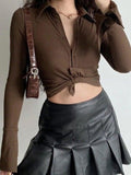Polo Neck Long Sleeve Rib Blouse-Outfit
