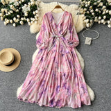 Fongt Temperament Elegant Dress Women's High-End Lantern Sleeves To Close The Waist Thin V-Neck Print Lotus Leaf Side Dress