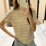 Style Rainbow Striped Round-Neck T-Shirt Women's Summer Loose Style Vintage Blouse Design Sense