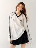 Stripe Bow Oversized V-neck Black Jersey Long Sleeve Top-Outfit