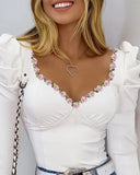Fongt New Women's Lace Lace Decorated With Bubble Sleeves Long Sleeves V-Neck T-Shirt Slim