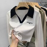 Short Style Polo Shirt Embroidered Alphabet Design Sense Minority Lapel Clavicle V-Collar Blouse Long-Sleeved T-Shirt Women's