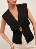 Fongt Women's Elegant Casual Knitted Vest Deep V Collar Simple Fashion Commuting Temperament Top