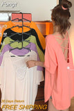 Sleeve T-shirts Women Solid Backless Chic Fashion Loose Leisure Oversize Sexy Cozy O-neck Tshirts Elegant Womens