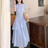 Fongt Blue Short-Sleeved Dress Women's Summer 2025 New Small Folding Thin Temperament Cake