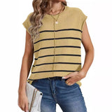 Fongt Women's Knit Sweater Vest Sleeveless Jumper Striped Seam Bone Stitching Casual Women's