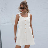 New Strap Dress Women Solid Color Button Loose Waist Pocket Sleeveless Casual Streetwear Beach Mini Short