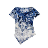 Printed Mesh Tee Shirt Female Slash Neck Short Sleeve Irregular T Shirts Women Summer T-shirt Top-Outfit