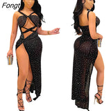 Women Sexy Hollow Out Diamonds Maxi Dress Spaghetti Straps Backless High Split Long Party Robe Night Club Wear