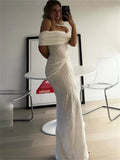 Knit Off-Shoulder Pleated Wrap Maxi Dress-Outfit