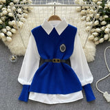 Fongt Style High-Level Light Luxury Lady Suit Women Autumn And Winter Solid Color Loose Long-Sleeved Shirt + Sleeveless Knitting Vest