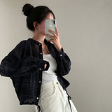 Vintage Plaid Print Crop Long Sleeve Blouse-Outfit