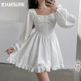 Retro Solid A-Line Dreess Slim Square Collar Puff Sleeve Mini Dresses For Women 2021 Elegant Fashion Autumn Spring