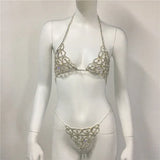 Rhinestone Diamonds Women Bikini Set Fashion Hollow Out Nightclub See Through Halter Bra Adjustable Metal Chain