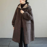 New Winter Large Size Women's Lambswool Coats Loose Long Overcoats Solid Female Blend Coats Hooded Trendy Ladies