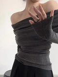 French Off Shoulder Slim Long Sleeve Knit-Outfit