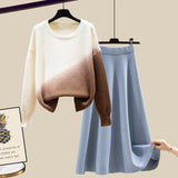 Women Autumn Winter Warm Knitted Two Pieces Sets Korean Long Sleeve Pullover Sweater Top And High Waist Knitting Skirts