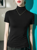 S-3XL Spring Cotton T Shirts Girls Stretchy Half Turtleneck Top Tshirt Women High Stretch Basic Tees-Outfit