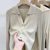 Fongt Sense Of The Small V-Neck Long-Sleeved Knitted Shirt Women's Autumn And Winter New Half-Opened Collared Blouse Bottom