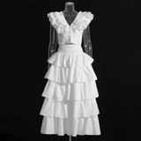 Fongt Holiday Wind Autumn 2024 New V Collar Fly Sleeve Flounce Stitching Cake Skirt Solid Color Suit-Outfit