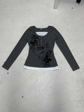Fongt Homologous Retro Butterfly Print Color And Fake Two T-Shirts And Hot Girls Thin Knitted Tops
