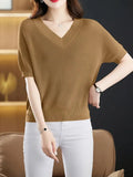 Ice Silk Knitted Tops Women Casual Loose V-neck Thin Knitwear T-shirts New Big Size 4xl Korean Short Sleeve Pullover