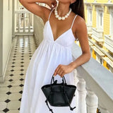 Fongt Winter New Women's Temperament Sexy Back Sleeveless Solid Color V Collar Sling Skirt Big Place