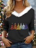 Fongt Wear 2024 New Christmas Elements Print Long Sleeve V Collar Women's T-Shirt-Outfit