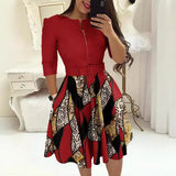 Fongt New Round-Neck Printing Belt Fashion Casual Commuter Dress