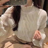 Fongt And Autumn New Chiffon Shirt Women's Horn Sleeves Super Fairy Loose Lotus Leaves Half High Collar Inside The Ocean Gas Bottom